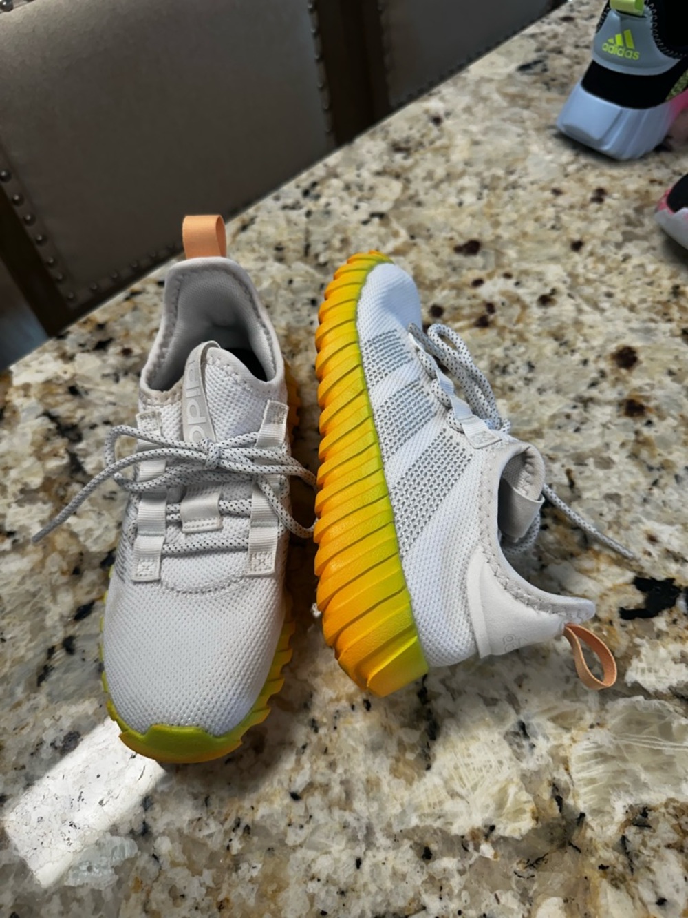 Kids Adidas White Athletic Sneakers with Yellow-Green Gradient Sole